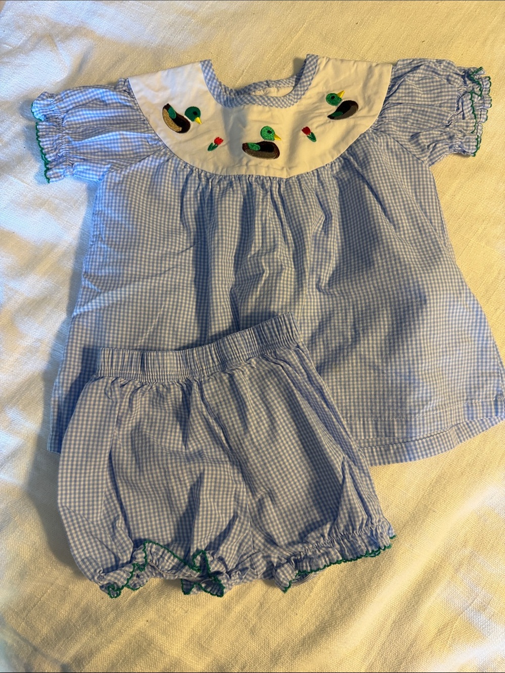 Girls Light Blue Gingham Set with Embroidered Ducks